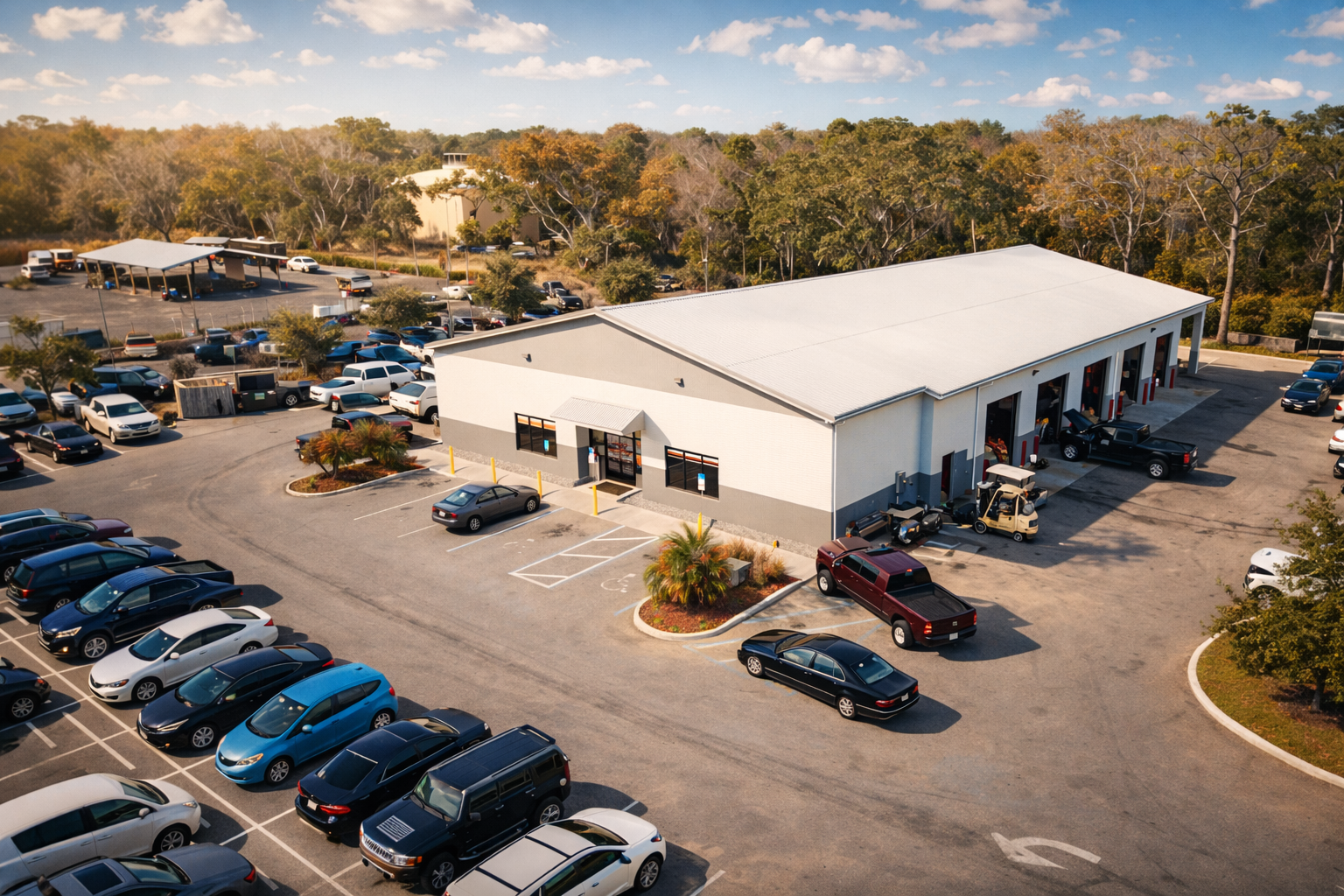 Elite Automotive facility exterior with multiple garage bays and parking lot