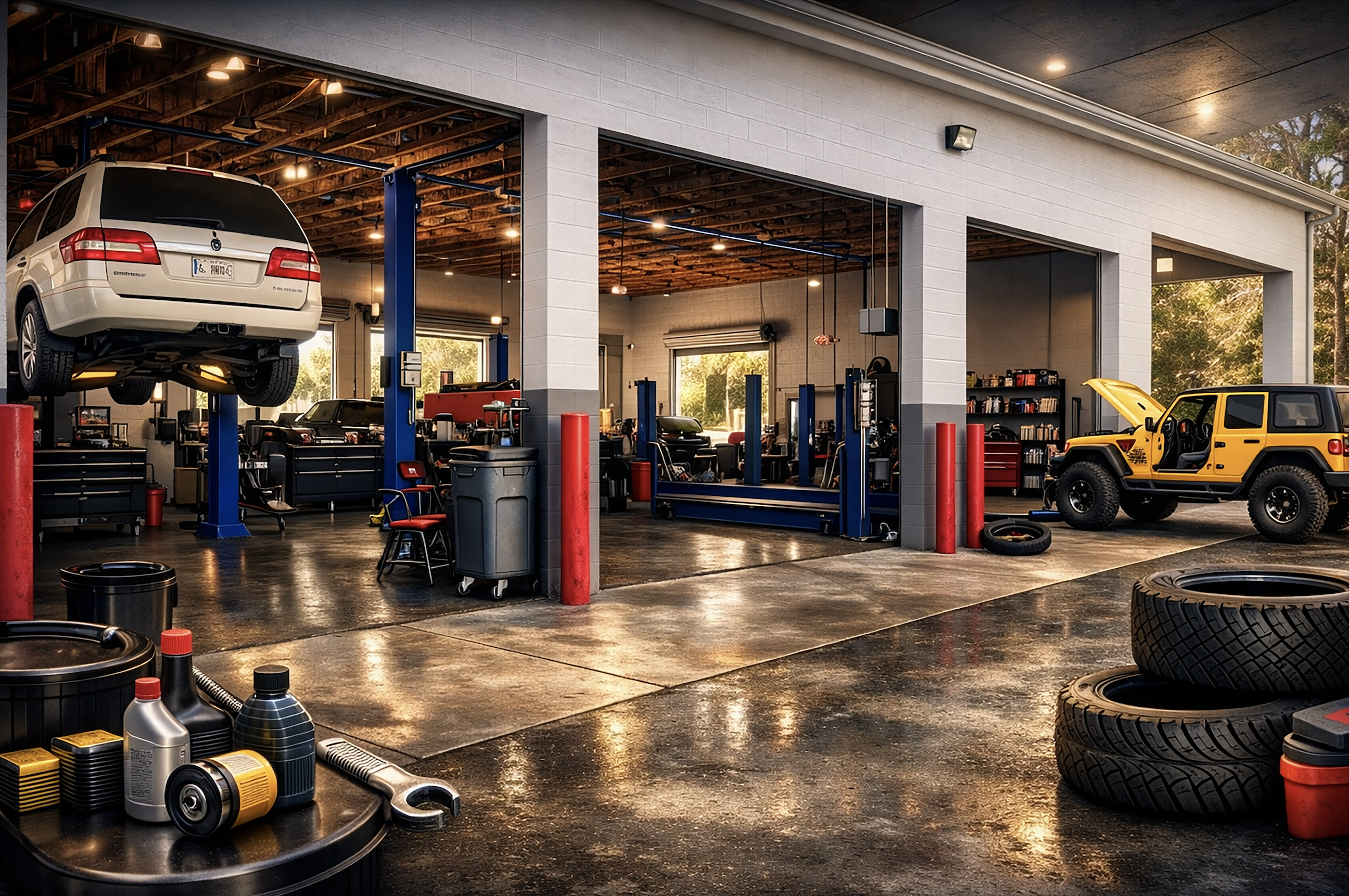 Professional auto repair shop showing vehicles on lifts, tools, and garage workspace